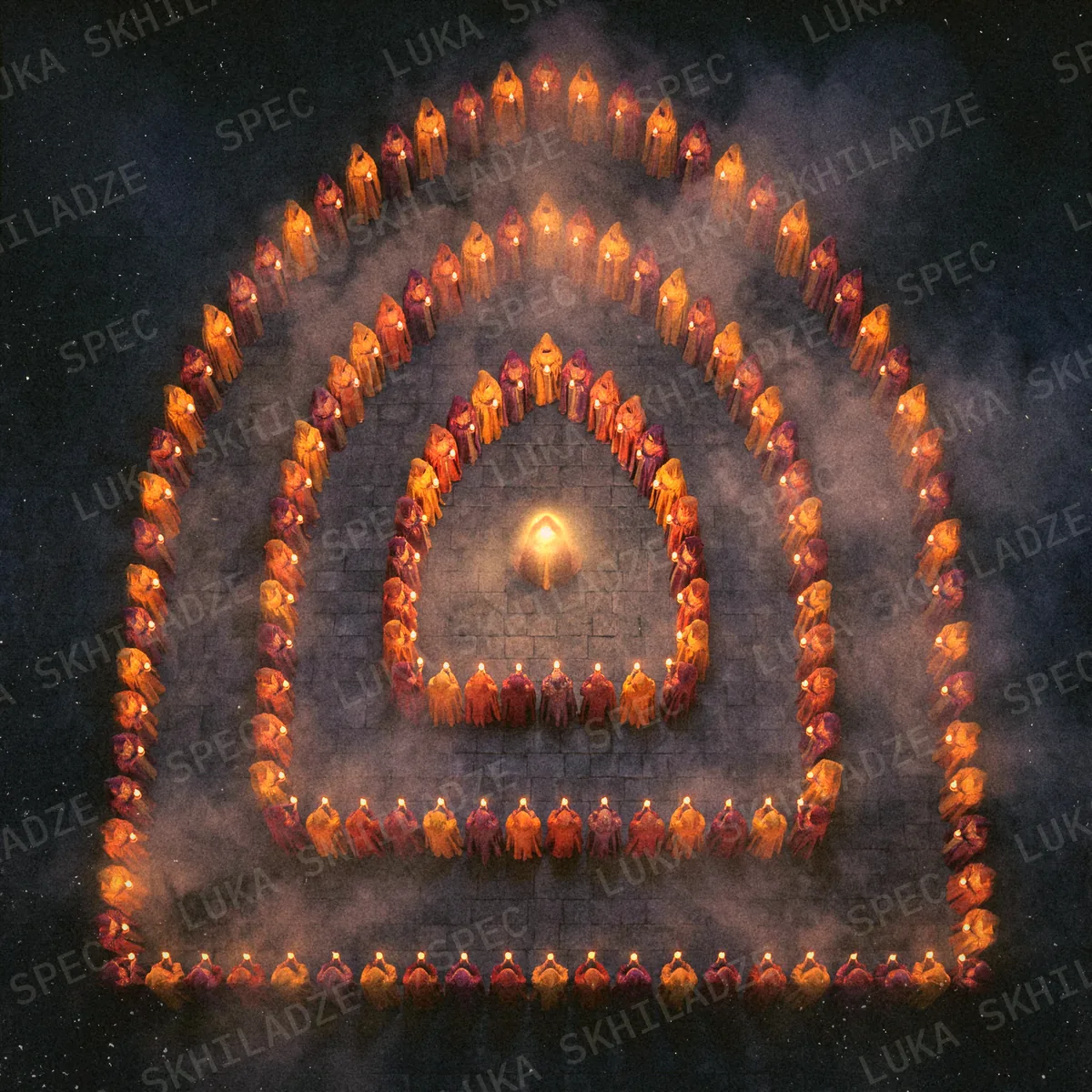 Seen from above, hundreds of hooded figures holding flames form nested pointed arches around one light.