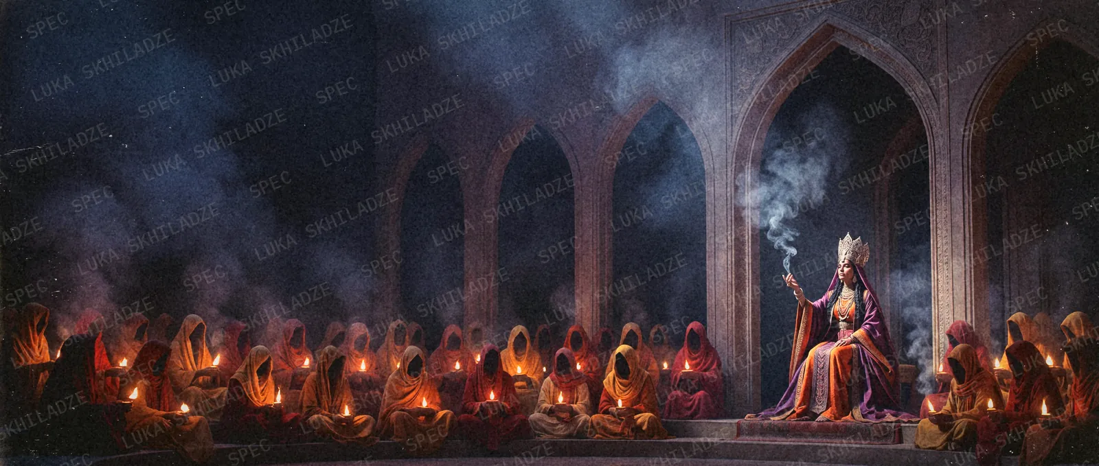 The assembly hall: an oracle on a dais under pointed arches, hooded figures holding flames.