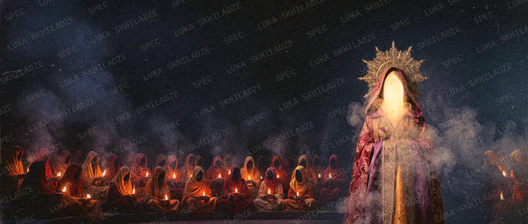 A faceless oracle whose face is light, standing beside a long arc of hooded figures holding small flames.