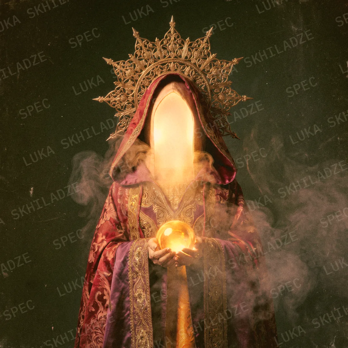The faceless oracle, its face a pointed arch of light, holding a small sphere of light.